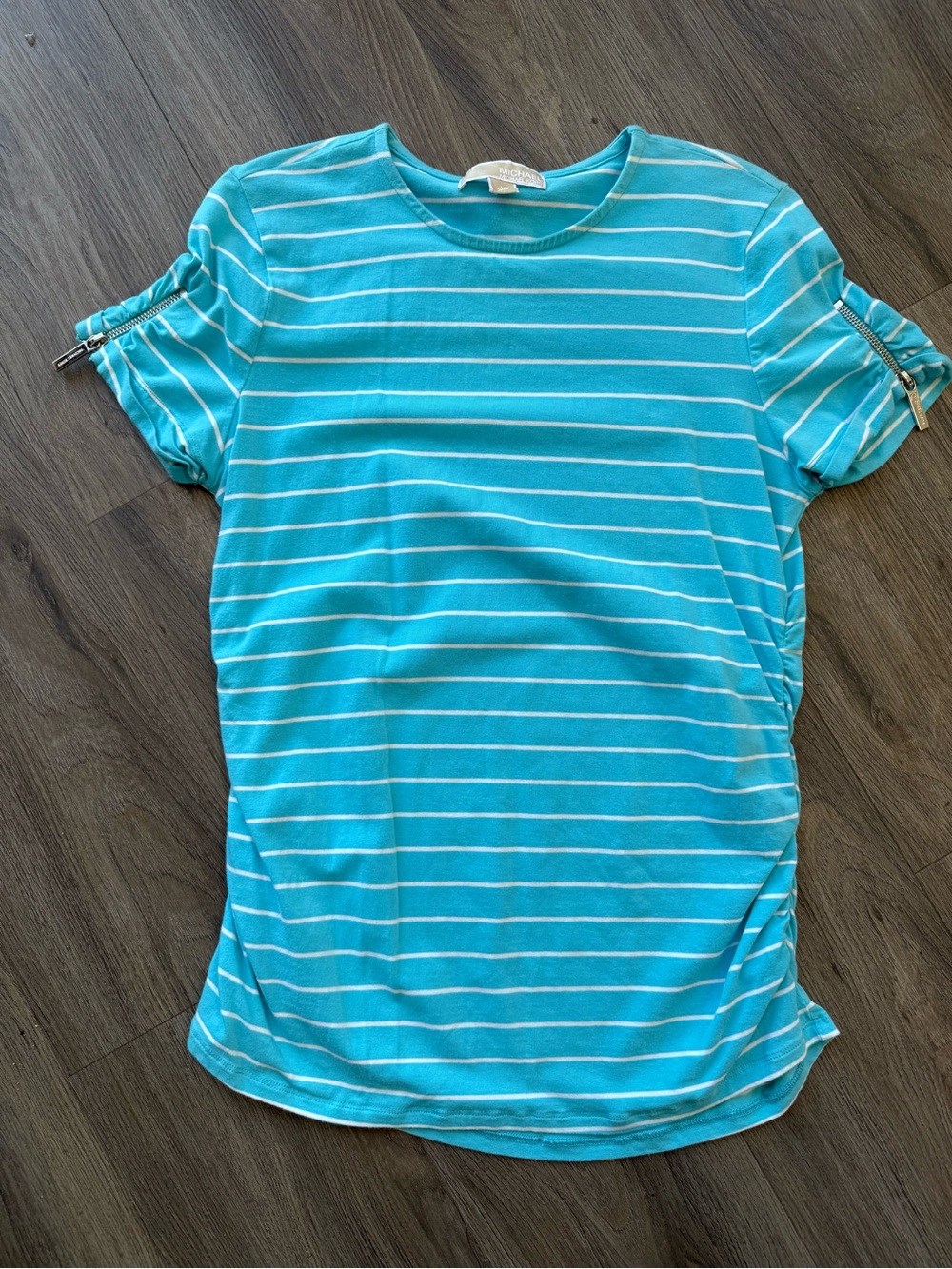 Michael Kors Maternity Friendly Shirt Aqua Striped Ziper Tags Large Stretch Tee